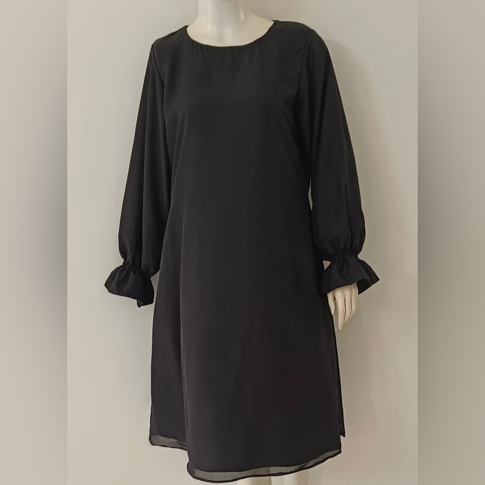 🌸Elegant Black Long Sleeve Dress/ chiffon with lining cco